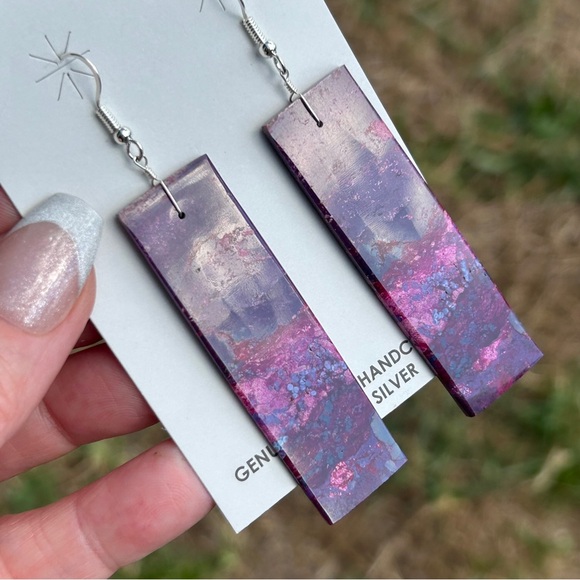 Navajo Crafted Purple Mojave Slab Dangle Earrings - Picture 3 of 15